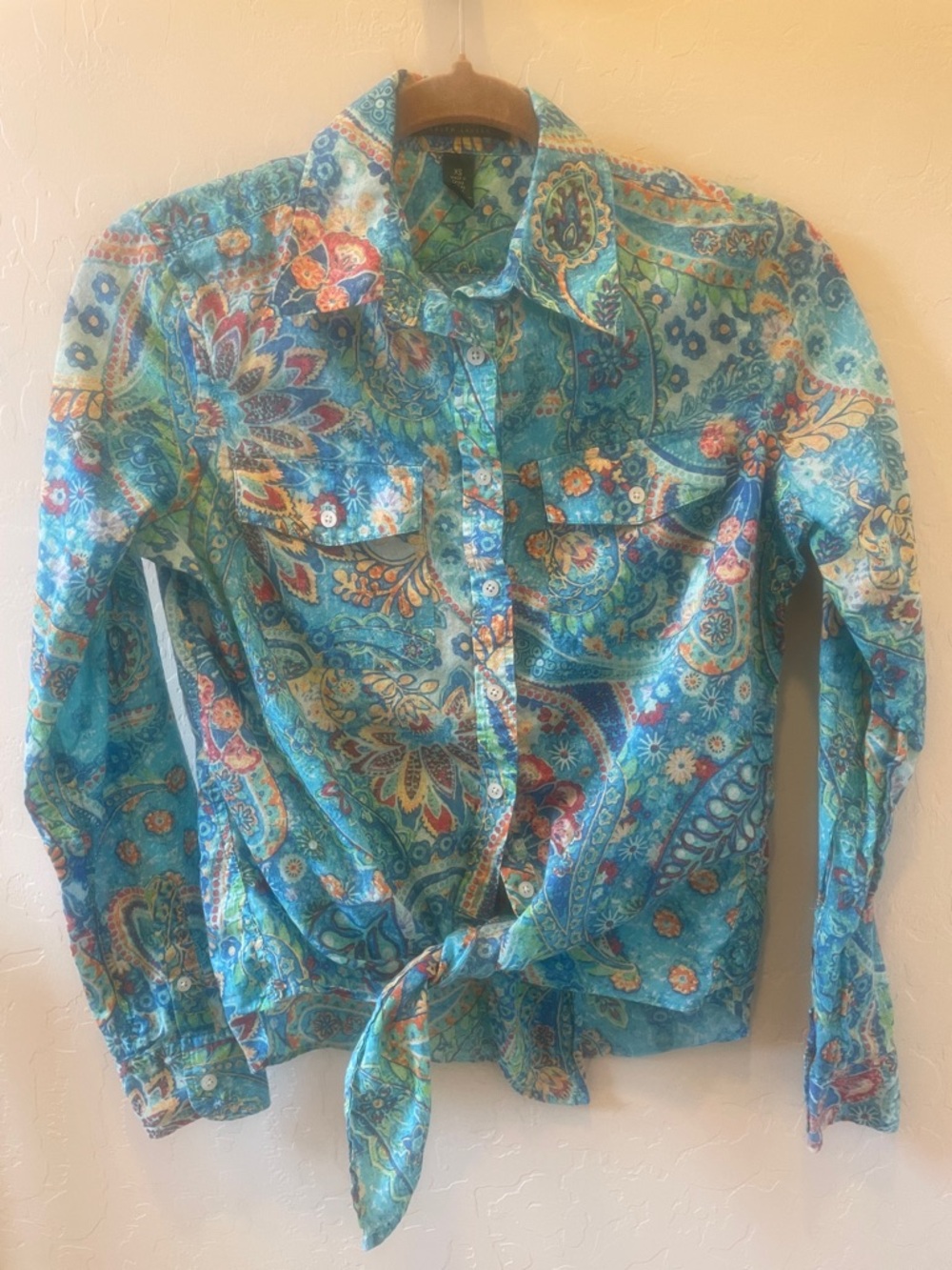 XS Lauren by Ralph Lauren Turquoise Paisley Button-Front Tie Hem Shirt